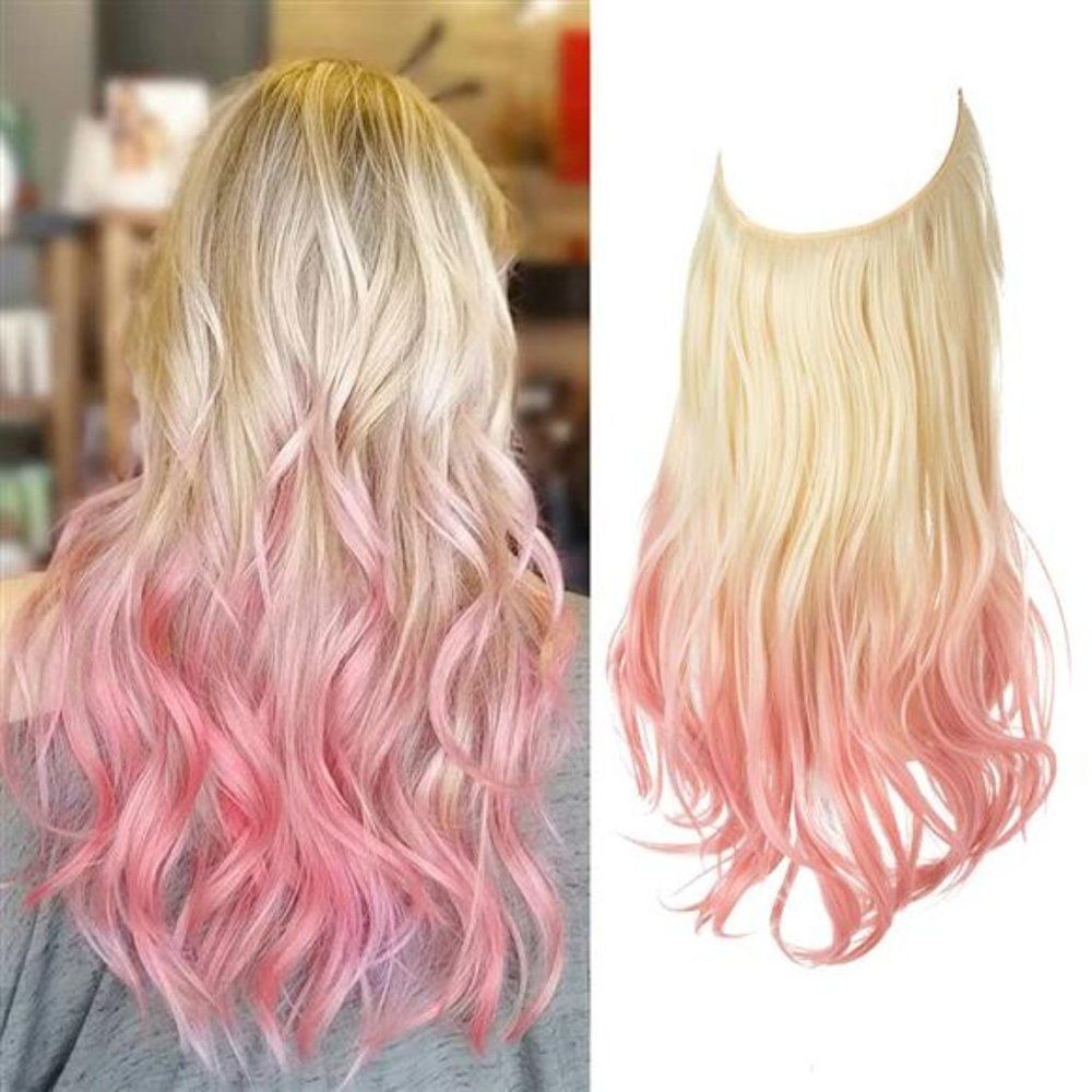 Ombre Halo Hair Extensions Blonde to Pink Synthetic Hairpiece Heat Friendly